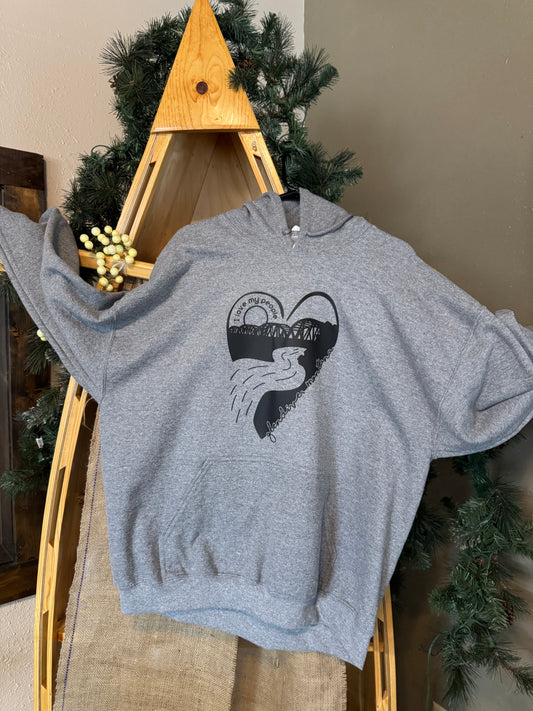 Cozy Glendive hoodie featuring the Yellowstone River and Bell Street Bridge